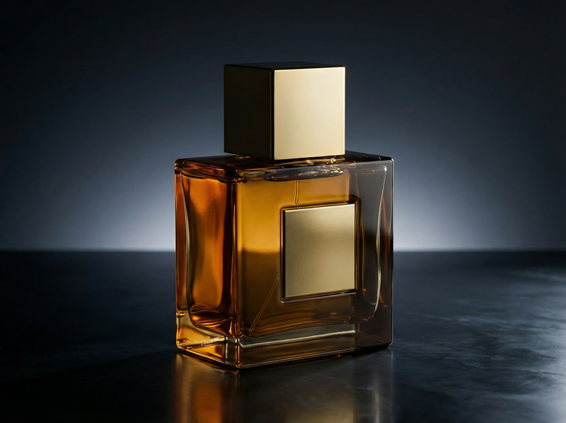 Perfume bottle on dark obsidian surface