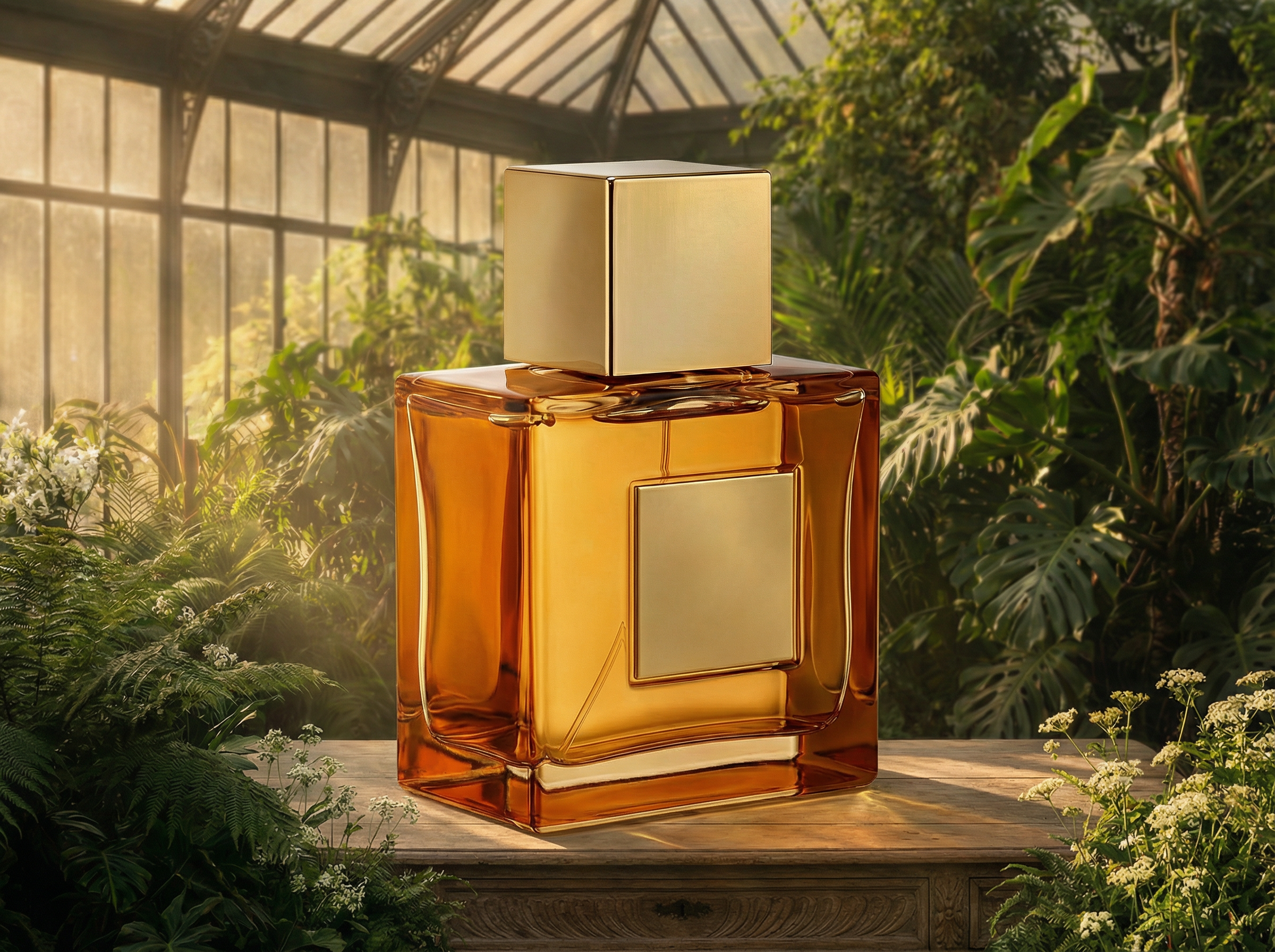 Perfume bottle in golden hour greenhouse